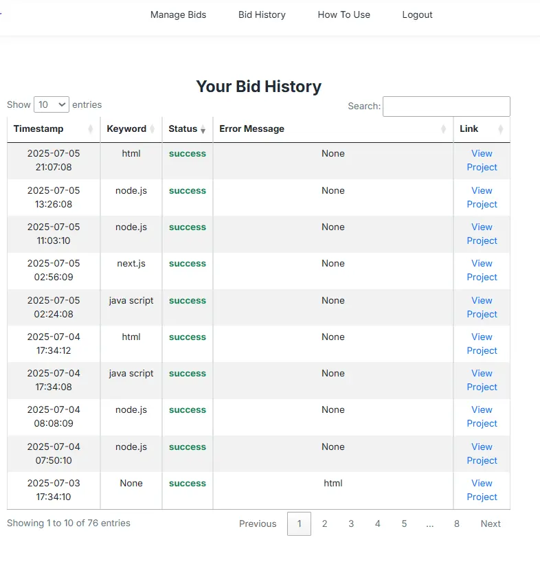 Bid history table with success status