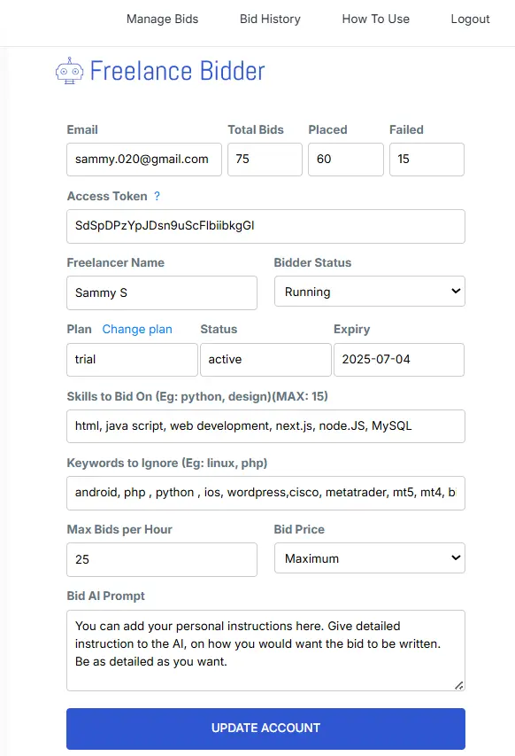 FreelanceBidder dashboard showing bidding stats